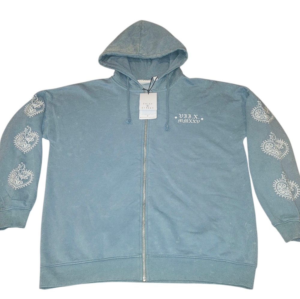 Daisy Streets Blue New York Hearts Down Sleeves Zip Down Hoodie Sz Small NWT
